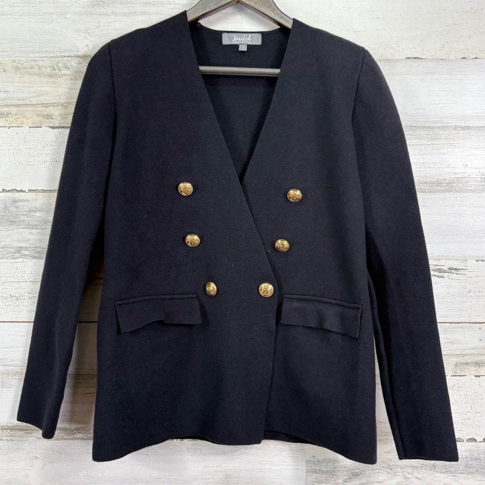 Marled Reunited Clothing Black Double Breasted V Neck Sweater Gold Buttons Sz S